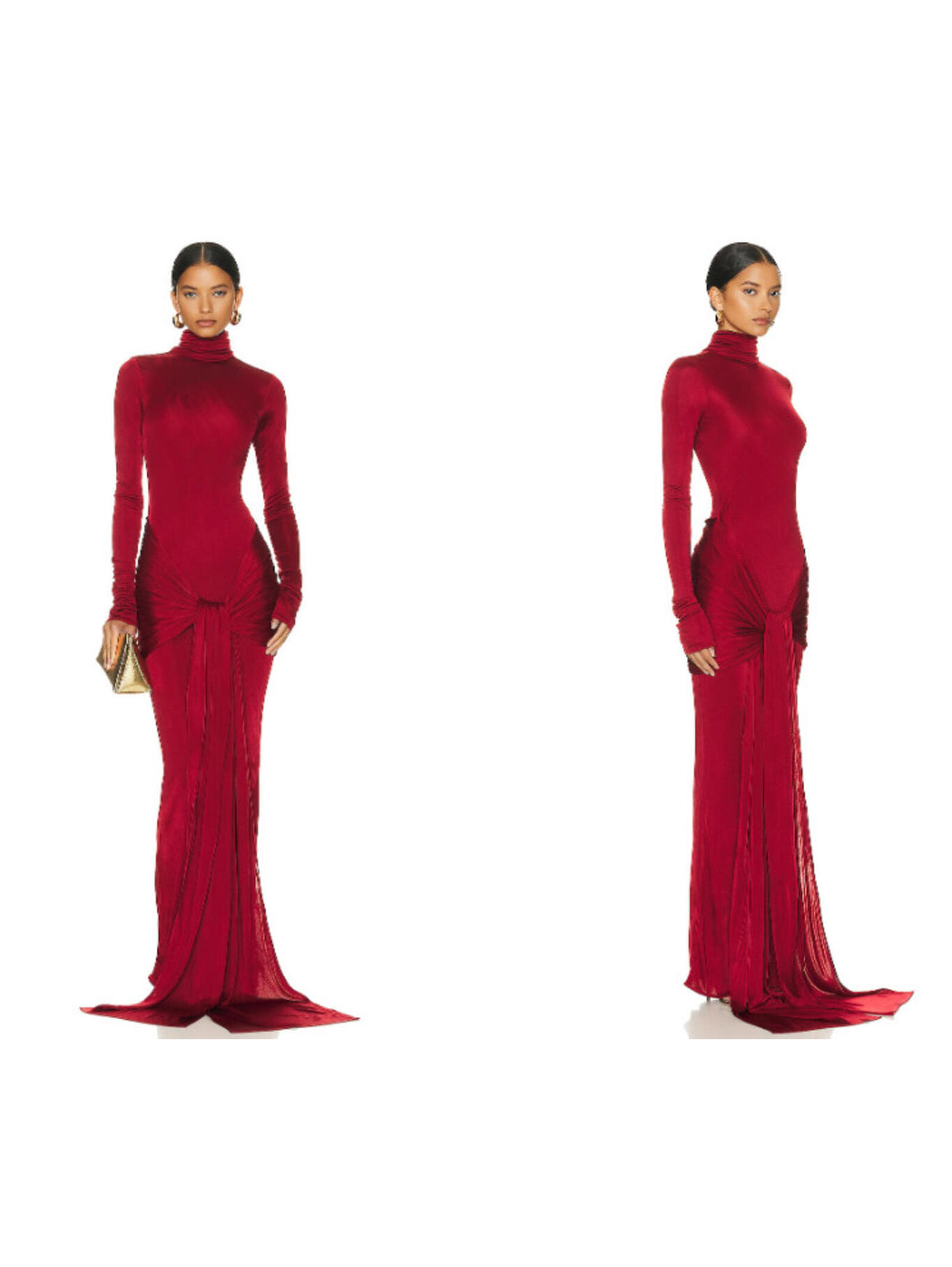 Helsa Slinky Jersey Ruched Sarong Maxi Dress Turtleneck Long Red Sz Xxs $398msrp